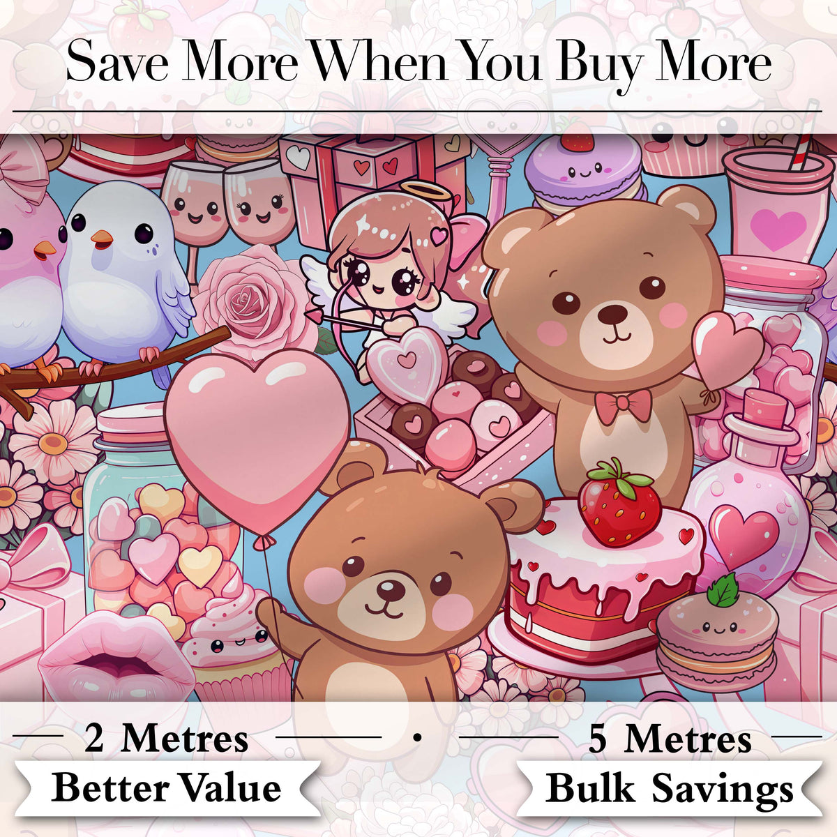 Cute Teddy Bear Cupcake Candy Hearts Romantic Collage Seamless Pattern Digital Print Fabric by the Metre UK Sewing Quilting Textile