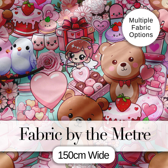 Cute Teddy Bear Cupid Cakes Hearts Flowers Valentine Kawaii   Teal Background Digital Print Fabric by the Metre UK Sewing Quilting Textile