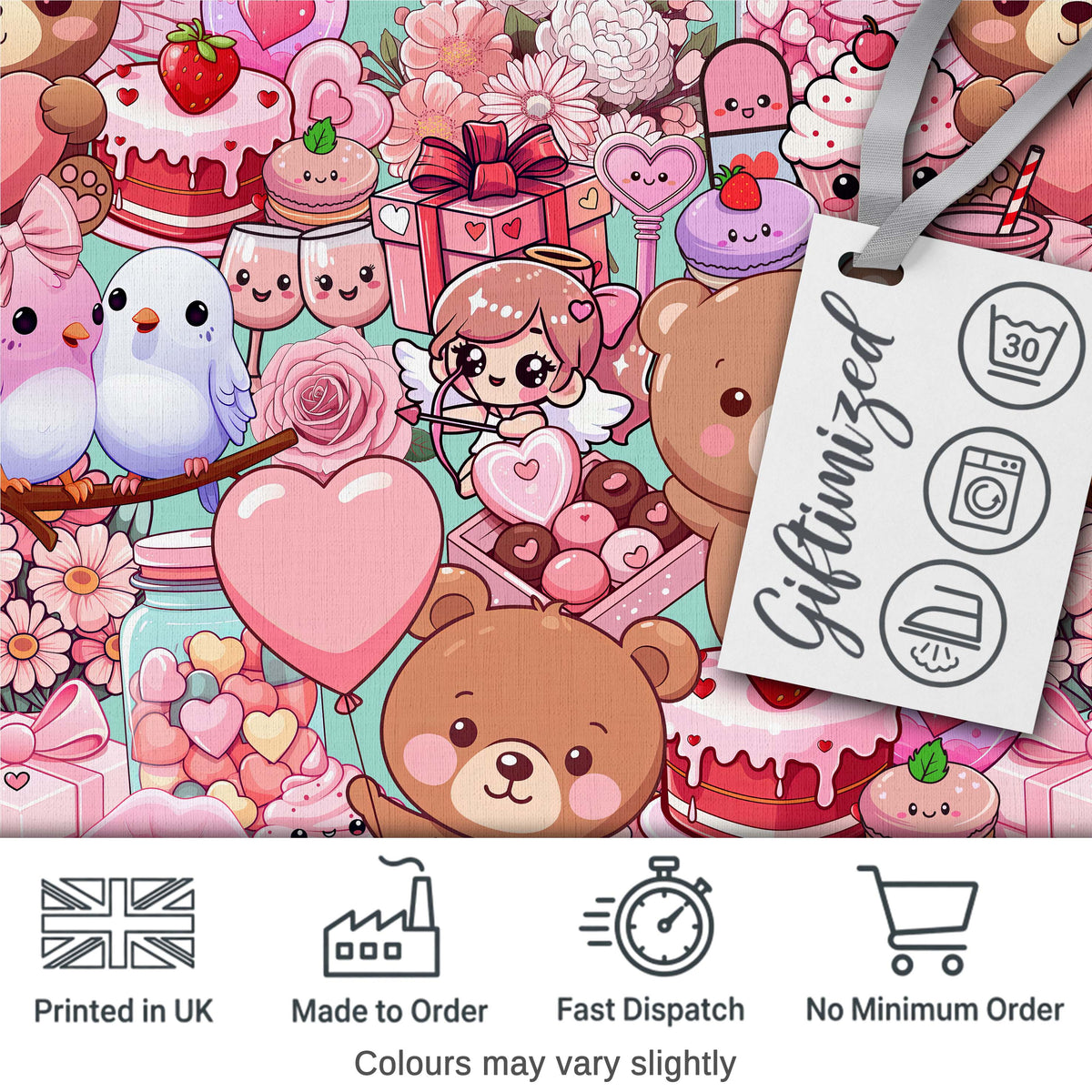 Cute Teddy Bear Cupid Cakes Hearts Flowers Valentine Kawaii   Teal Background Digital Print Fabric by the Metre UK Sewing Quilting Textile
