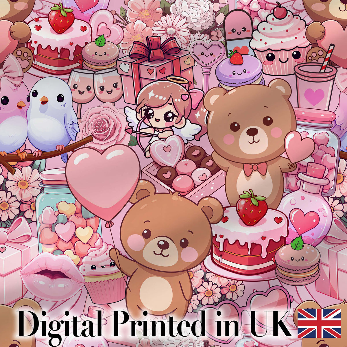 Cute Teddy Bear Cupid Cakes Hearts Flowers Valentine Kawaii   Pink Background Digital Print Fabric by the Metre UK Sewing Quilting Textile