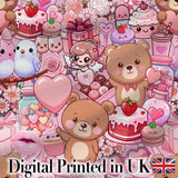 Cute Teddy Bear Cupid Cakes Hearts Flowers Valentine Kawaii   Pink Background Digital Print Fabric by the Metre UK Sewing Quilting Textile