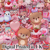 Cute Teddy Bear Cupid Cakes Hearts Flowers Valentine Kawaii   Red Background Digital Print Fabric by the Metre UK Sewing Quilting Textile