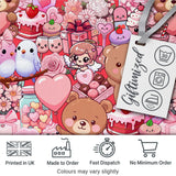 Cute Teddy Bear Cupid Cakes Hearts Flowers Valentine Kawaii   Red Background Digital Print Fabric by the Metre UK Sewing Quilting Textile