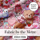 Cute Teddy Bear Cupid Cakes Hearts Flowers Valentine Kawaii   White Background Digital Print Fabric by the Metre UK Sewing Quilting Textile