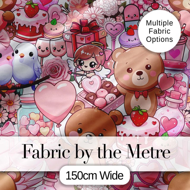 Cute Teddy Bear Cupid Cakes Hearts Flowers Valentine Kawaii   White Background Digital Print Fabric by the Metre UK Sewing Quilting Textile