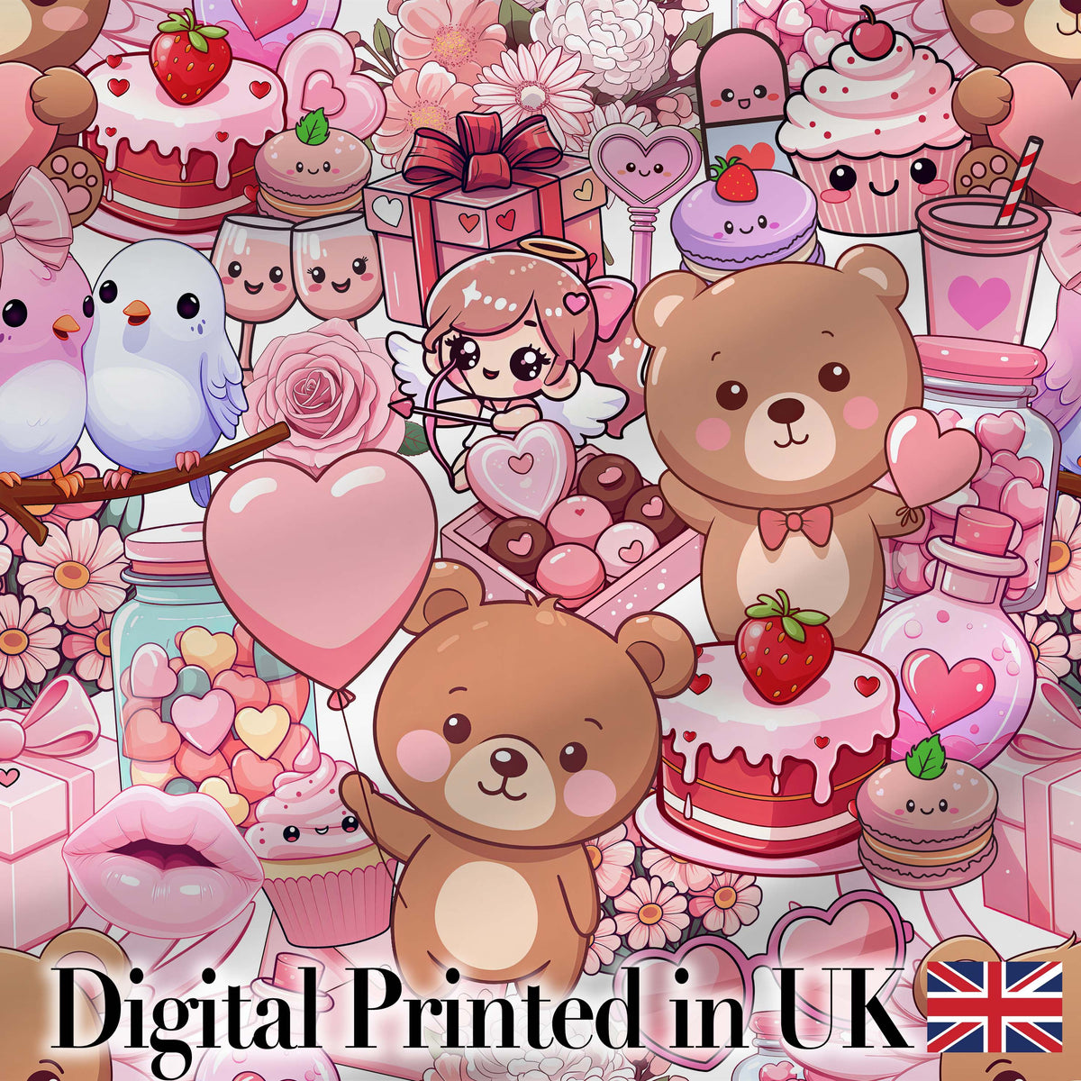 Cute Teddy Bear Cupid Cakes Hearts Flowers Valentine Kawaii   White Background Digital Print Fabric by the Metre UK Sewing Quilting Textile