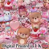 Cute Teddy Bear Cupid Cakes Hearts Flowers Valentine Kawaii   White Background Digital Print Fabric by the Metre UK Sewing Quilting Textile