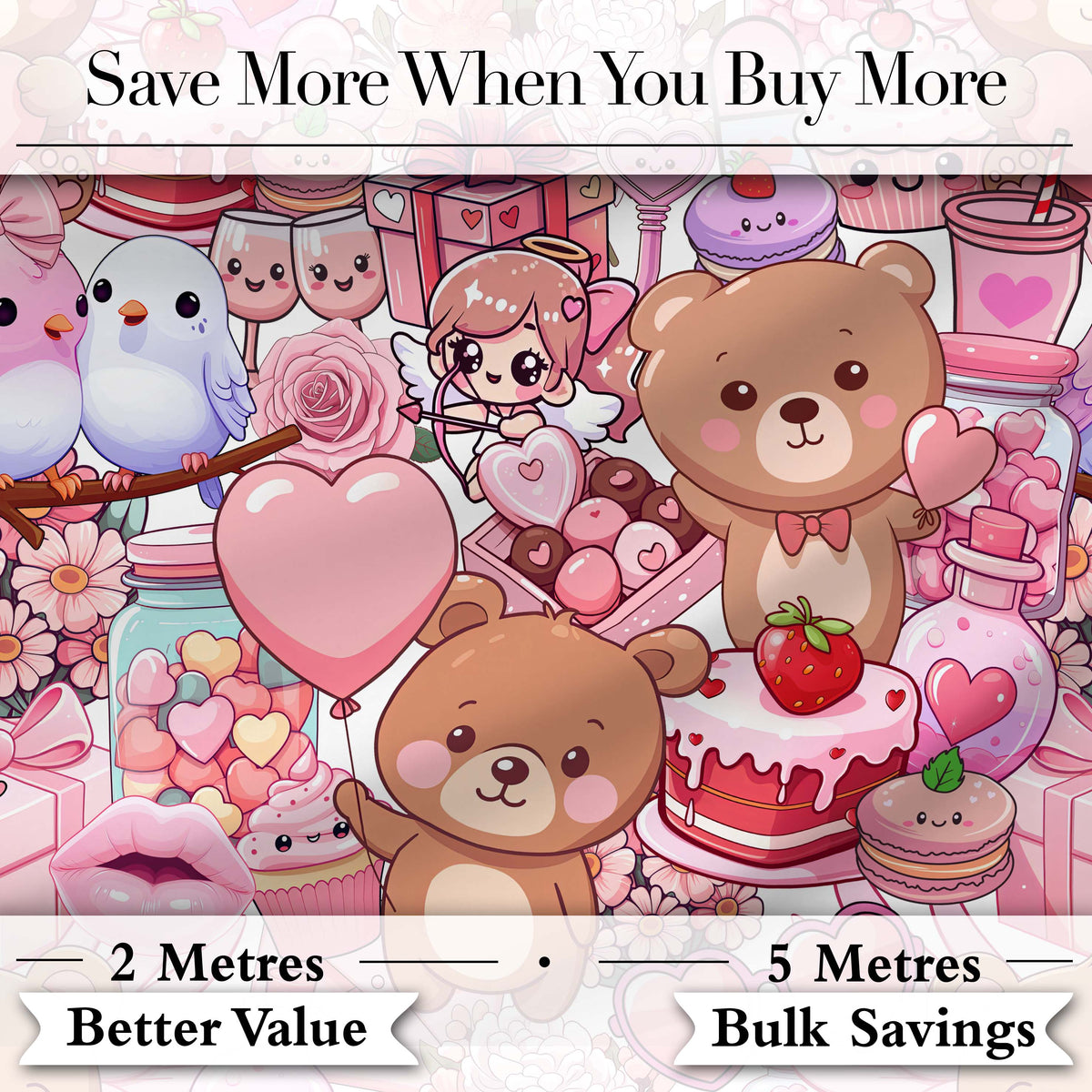 Cute Teddy Bear Cupid Cakes Hearts Flowers Valentine Kawaii   White Background Digital Print Fabric by the Metre UK Sewing Quilting Textile