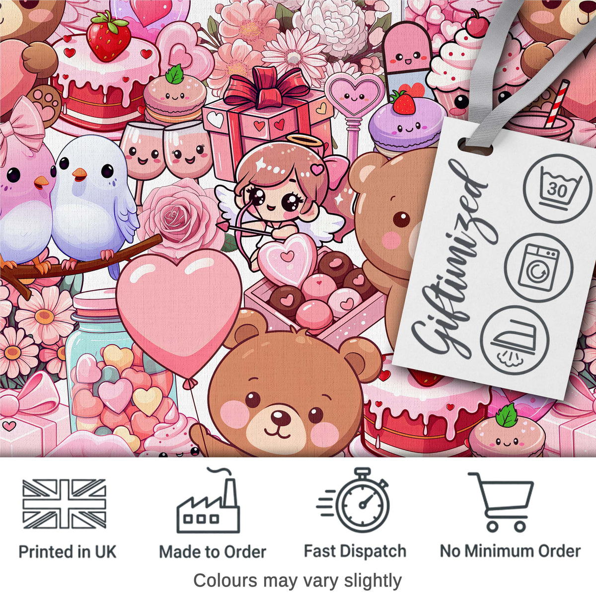 Cute Teddy Bear Cupid Cakes Hearts Flowers Valentine Kawaii   White Background Digital Print Fabric by the Metre UK Sewing Quilting Textile