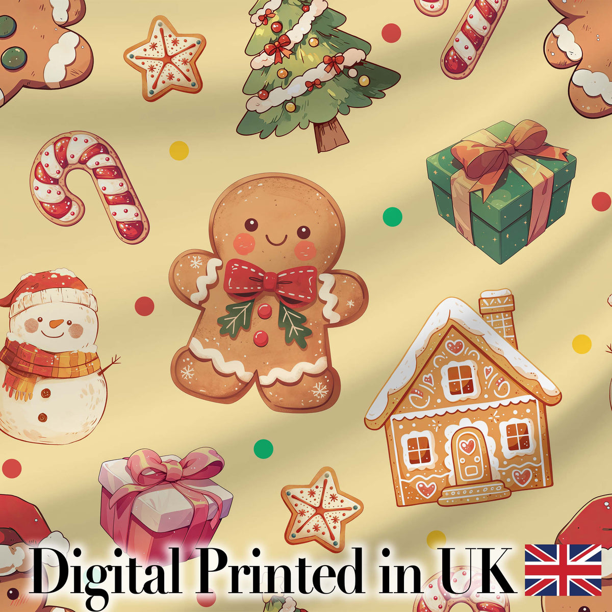 Cute Gingerbread Man Christmas Tree Candy Cane Holiday   Yellow Background Digital Print Fabric by the Metre UK Sewing Quilting Textile