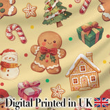 Cute Gingerbread Man Christmas Tree Candy Cane Holiday   Yellow Background Digital Print Fabric by the Metre UK Sewing Quilting Textile