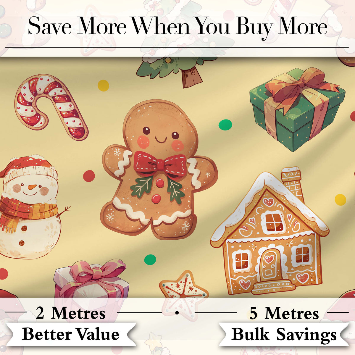 Cute Gingerbread Man Christmas Tree Candy Cane Holiday   Yellow Background Digital Print Fabric by the Metre UK Sewing Quilting Textile