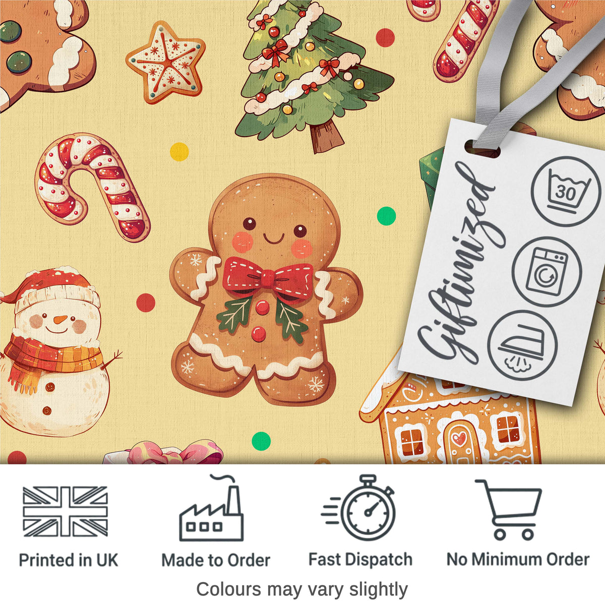 Cute Gingerbread Man Christmas Tree Candy Cane Holiday   Yellow Background Digital Print Fabric by the Metre UK Sewing Quilting Textile