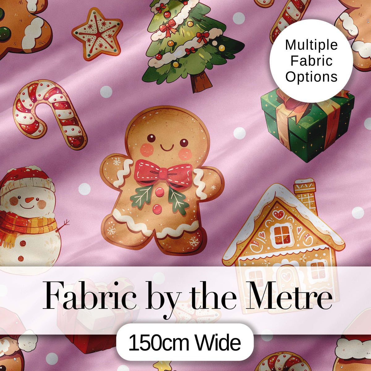 Cute Gingerbread Man Christmas Tree Candy Cane Holiday  Pattern Pink Background Digital Print Fabric by the Metre UK Sewing Quilting Textile