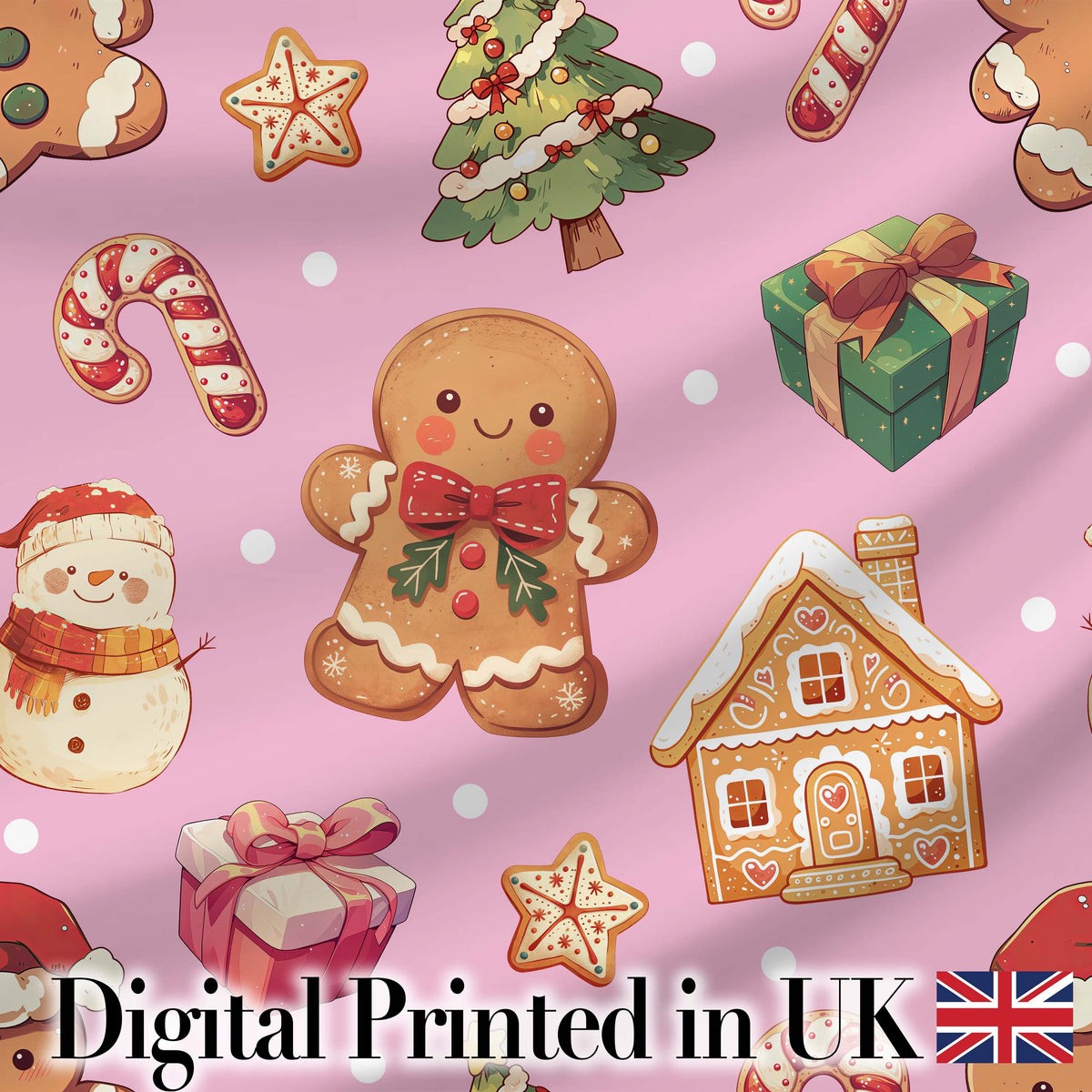 Cute Gingerbread Man Christmas Tree Candy Cane Holiday  Pattern Pink Background Digital Print Fabric by the Metre UK Sewing Quilting Textile