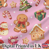 Cute Gingerbread Man Christmas Tree Candy Cane Holiday  Pattern Pink Background Digital Print Fabric by the Metre UK Sewing Quilting Textile