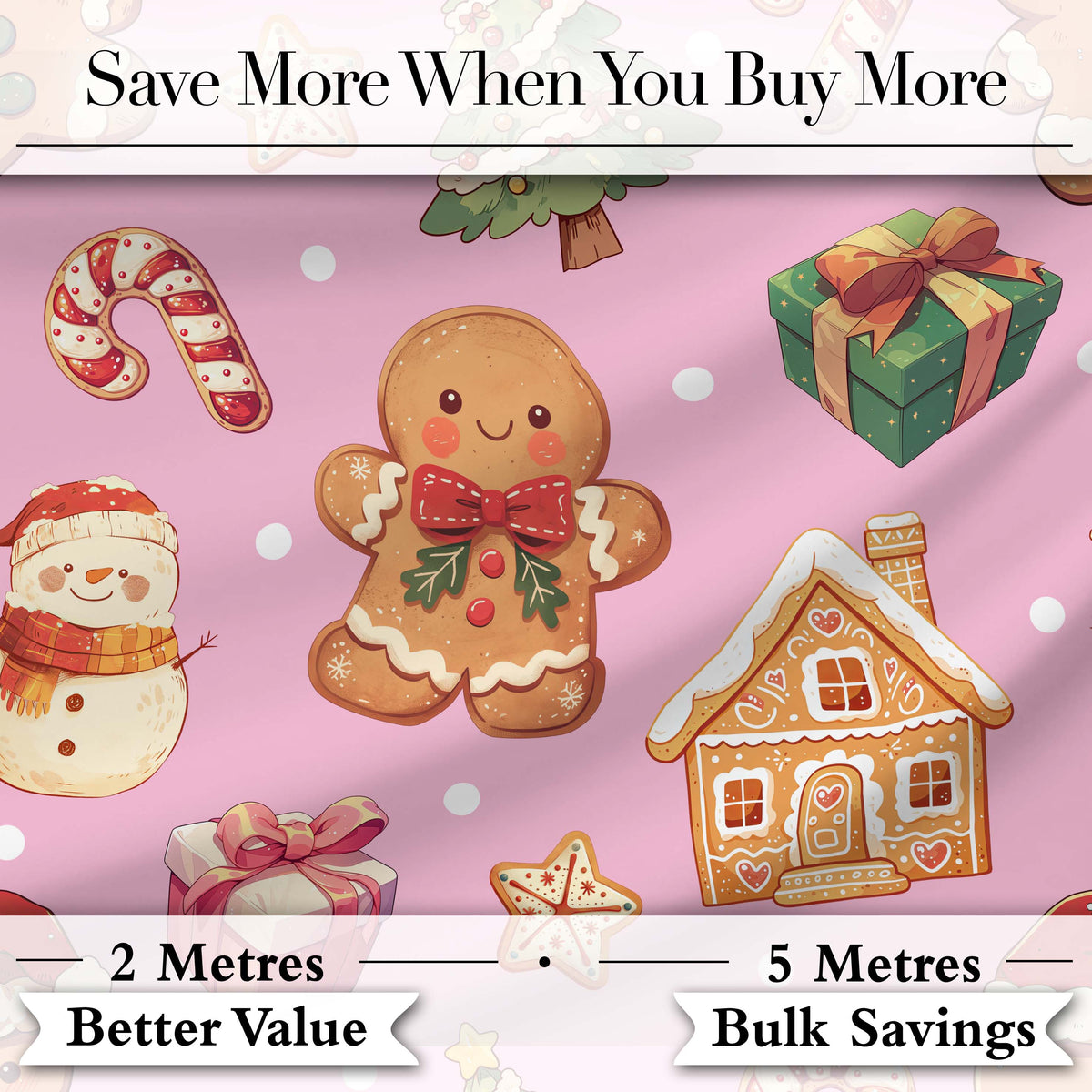 Cute Gingerbread Man Christmas Tree Candy Cane Holiday  Pattern Pink Background Digital Print Fabric by the Metre UK Sewing Quilting Textile