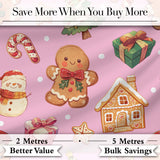 Cute Gingerbread Man Christmas Tree Candy Cane Holiday  Pattern Pink Background Digital Print Fabric by the Metre UK Sewing Quilting Textile