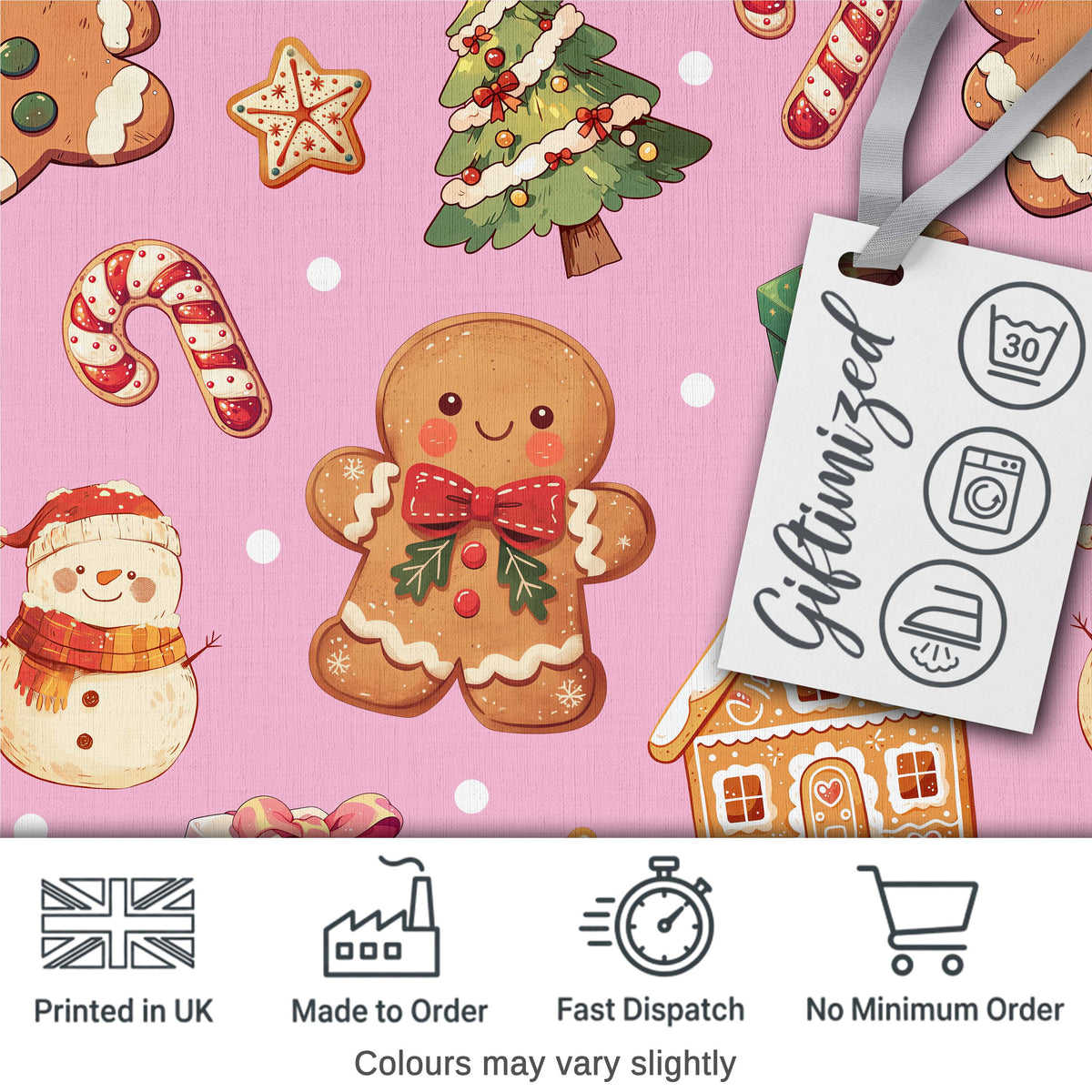 Cute Gingerbread Man Christmas Tree Candy Cane Holiday  Pattern Pink Background Digital Print Fabric by the Metre UK Sewing Quilting Textile