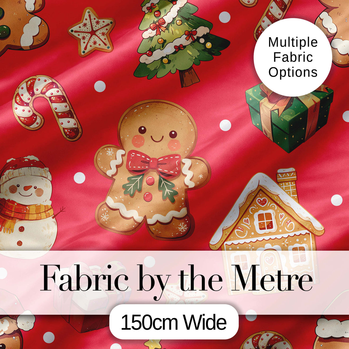 Cute Gingerbread Man Christmas Tree Candy Cane Holiday  Pattern Red Background Digital Print Fabric by the Metre UK Sewing Quilting Textile
