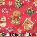 Cute Gingerbread Man Christmas Tree Candy Cane Holiday  Pattern Red Background Digital Print Fabric by the Metre UK Sewing Quilting Textile