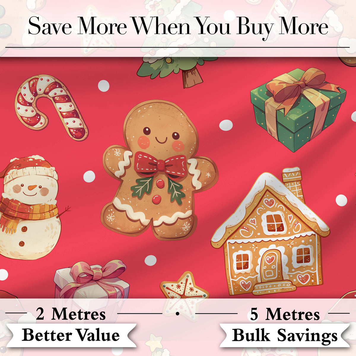 Cute Gingerbread Man Christmas Tree Candy Cane Holiday  Pattern Red Background Digital Print Fabric by the Metre UK Sewing Quilting Textile