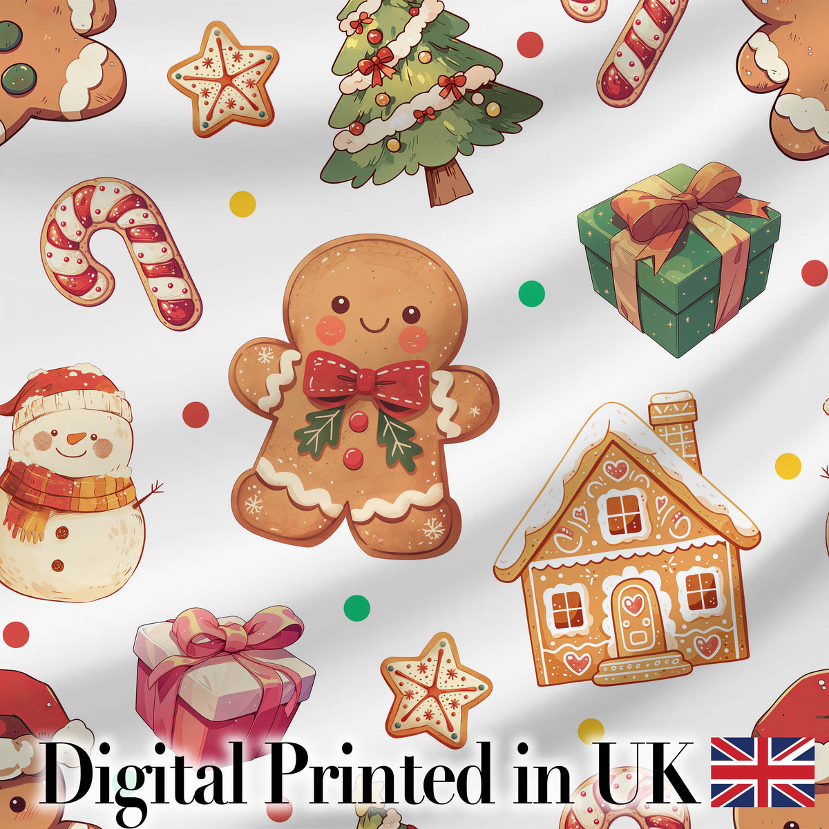 Cute Gingerbread Man Christmas Tree Candy Cane Holiday  Pattern Grey Background Digital Print Fabric by the Metre UK Sewing Quilting Textile