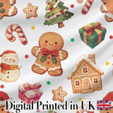 Cute Gingerbread Man Christmas Tree Candy Cane Holiday  Pattern Grey Background Digital Print Fabric by the Metre UK Sewing Quilting Textile
