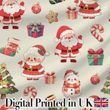 Cute Santa Claus Mrs Claus Snowman Christmas Gift  Pattern Cream Background Digital Print Fabric by the Metre UK Sewing Quilting Textile