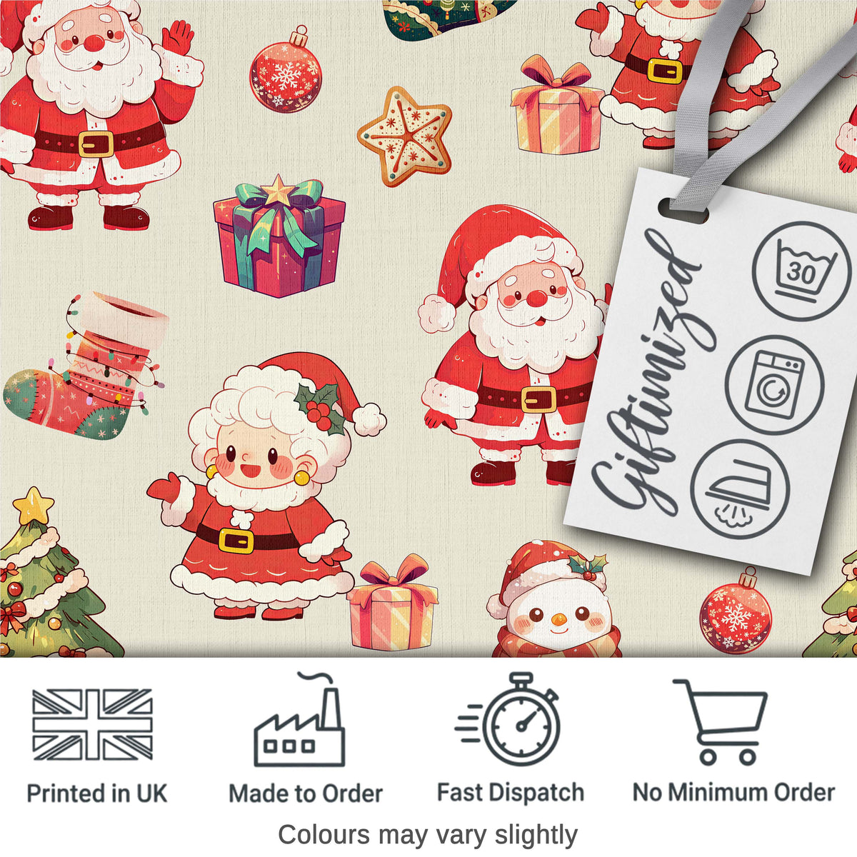 Cute Santa Claus Mrs Claus Snowman Christmas Gift  Pattern Cream Background Digital Print Fabric by the Metre UK Sewing Quilting Textile