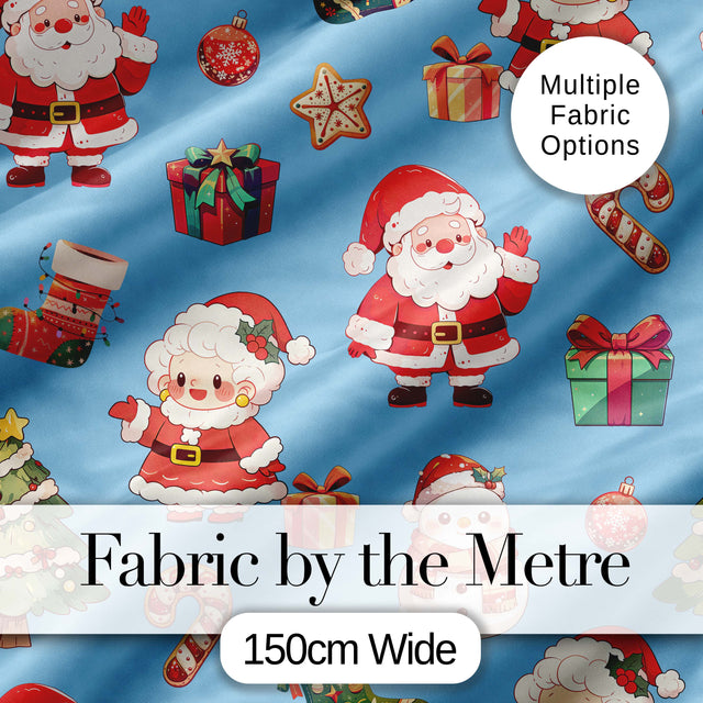 Cute Santa Claus Mrs Claus Snowman Christmas Gift  Pattern Blue Background Digital Print Fabric by the Metre UK Sewing Quilting Textile