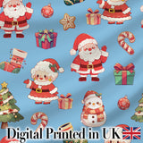 Cute Santa Claus Mrs Claus Snowman Christmas Gift  Pattern Blue Background Digital Print Fabric by the Metre UK Sewing Quilting Textile