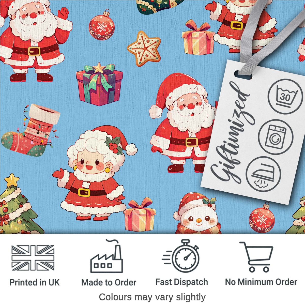 Cute Santa Claus Mrs Claus Snowman Christmas Gift  Pattern Blue Background Digital Print Fabric by the Metre UK Sewing Quilting Textile