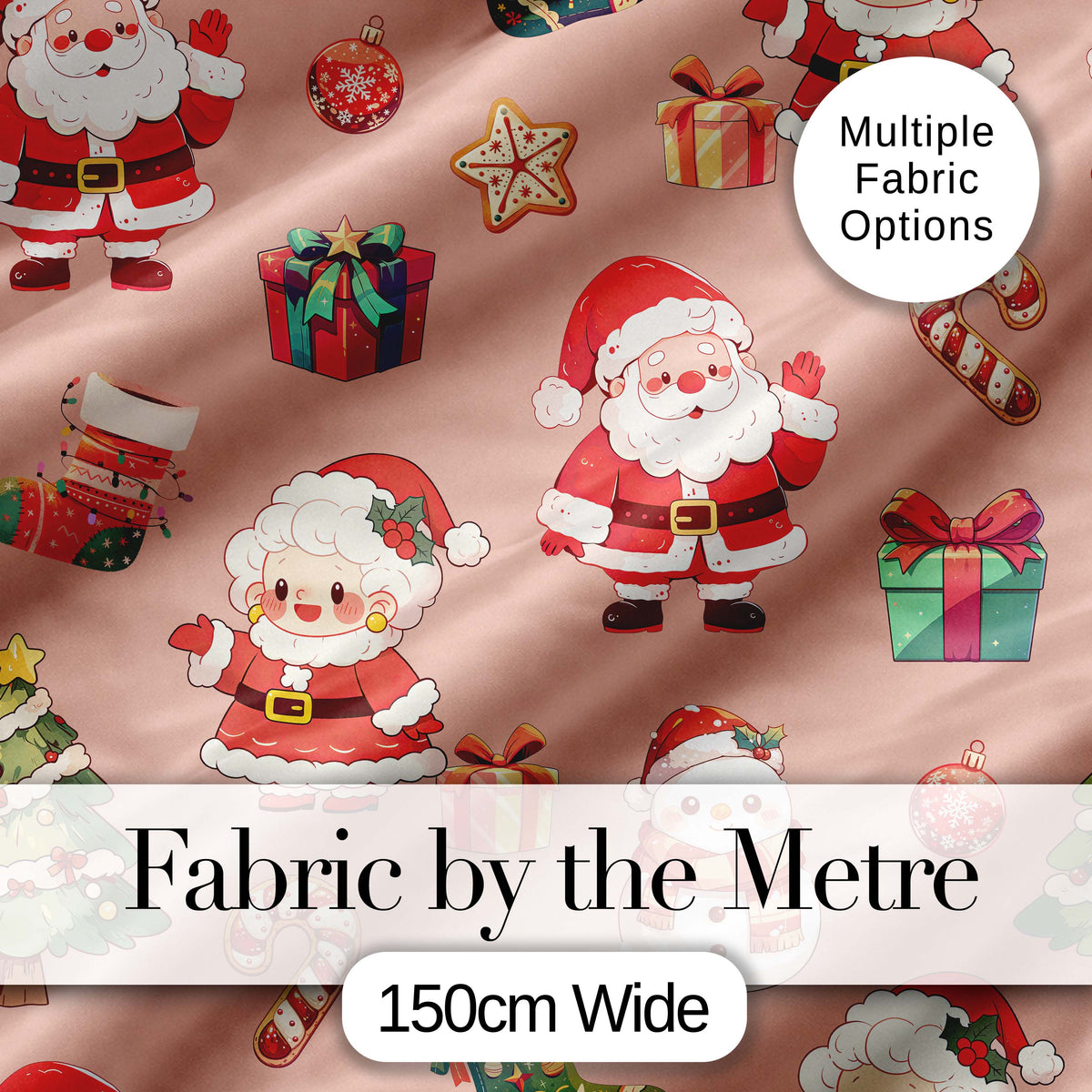 Cute Santa Claus Mrs Claus Snowman Christmas Gift  Pattern Peach Background Digital Print Fabric by the Metre UK Sewing Quilting Textile