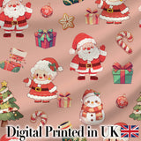 Cute Santa Claus Mrs Claus Snowman Christmas Gift  Pattern Peach Background Digital Print Fabric by the Metre UK Sewing Quilting Textile