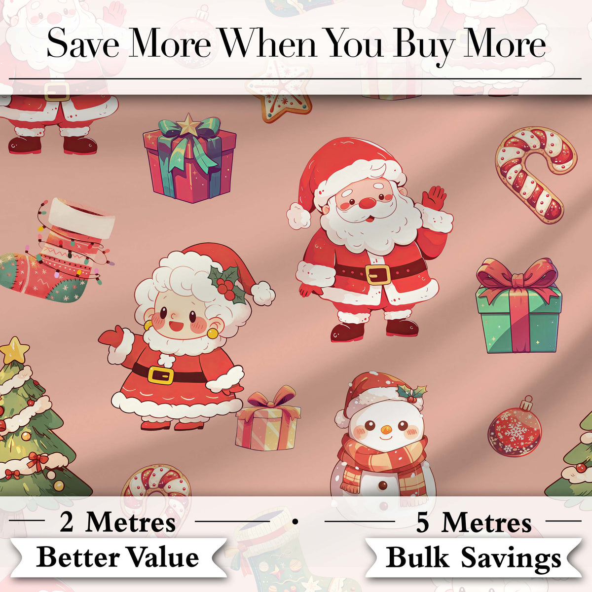 Cute Santa Claus Mrs Claus Snowman Christmas Gift  Pattern Peach Background Digital Print Fabric by the Metre UK Sewing Quilting Textile