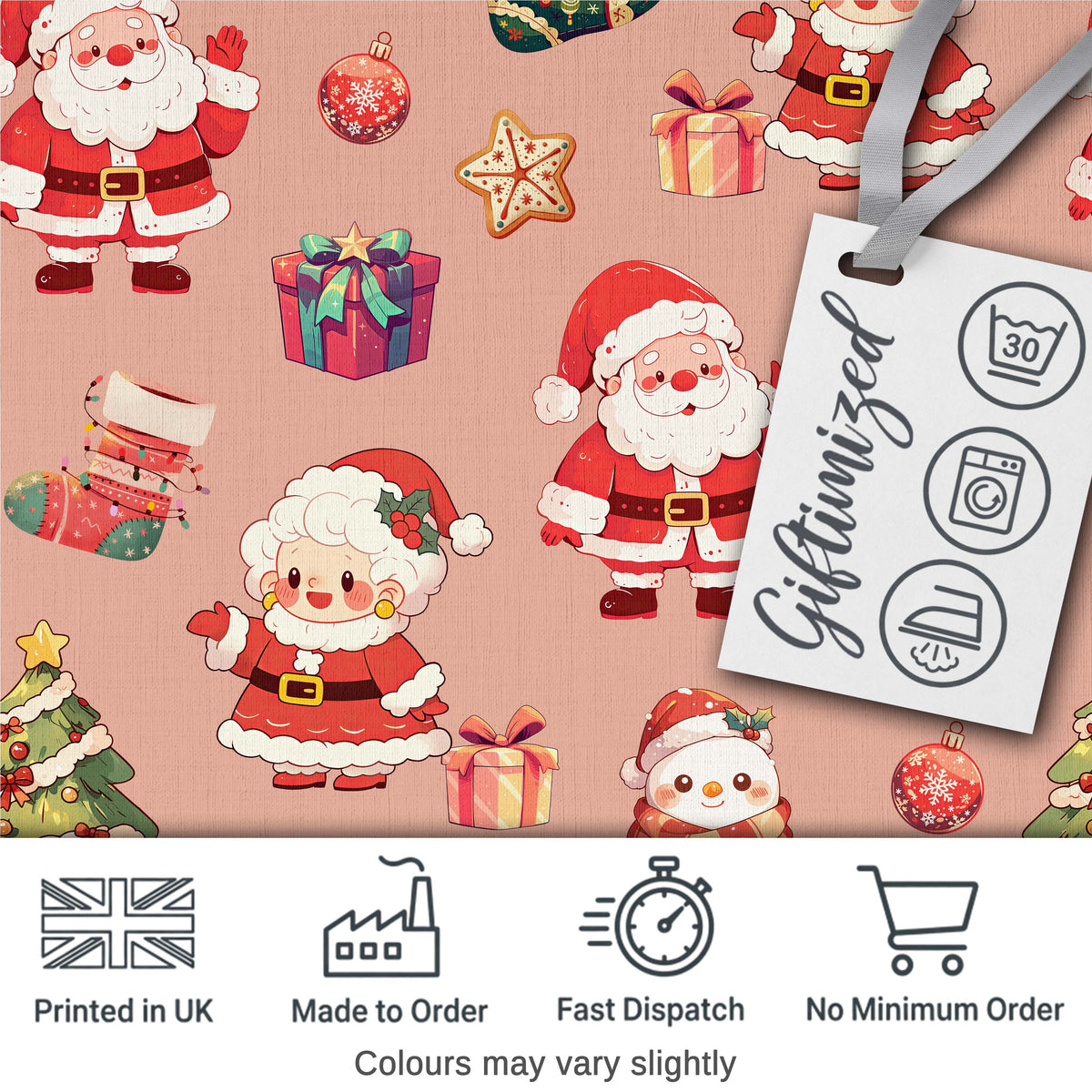 Cute Santa Claus Mrs Claus Snowman Christmas Gift  Pattern Peach Background Digital Print Fabric by the Metre UK Sewing Quilting Textile
