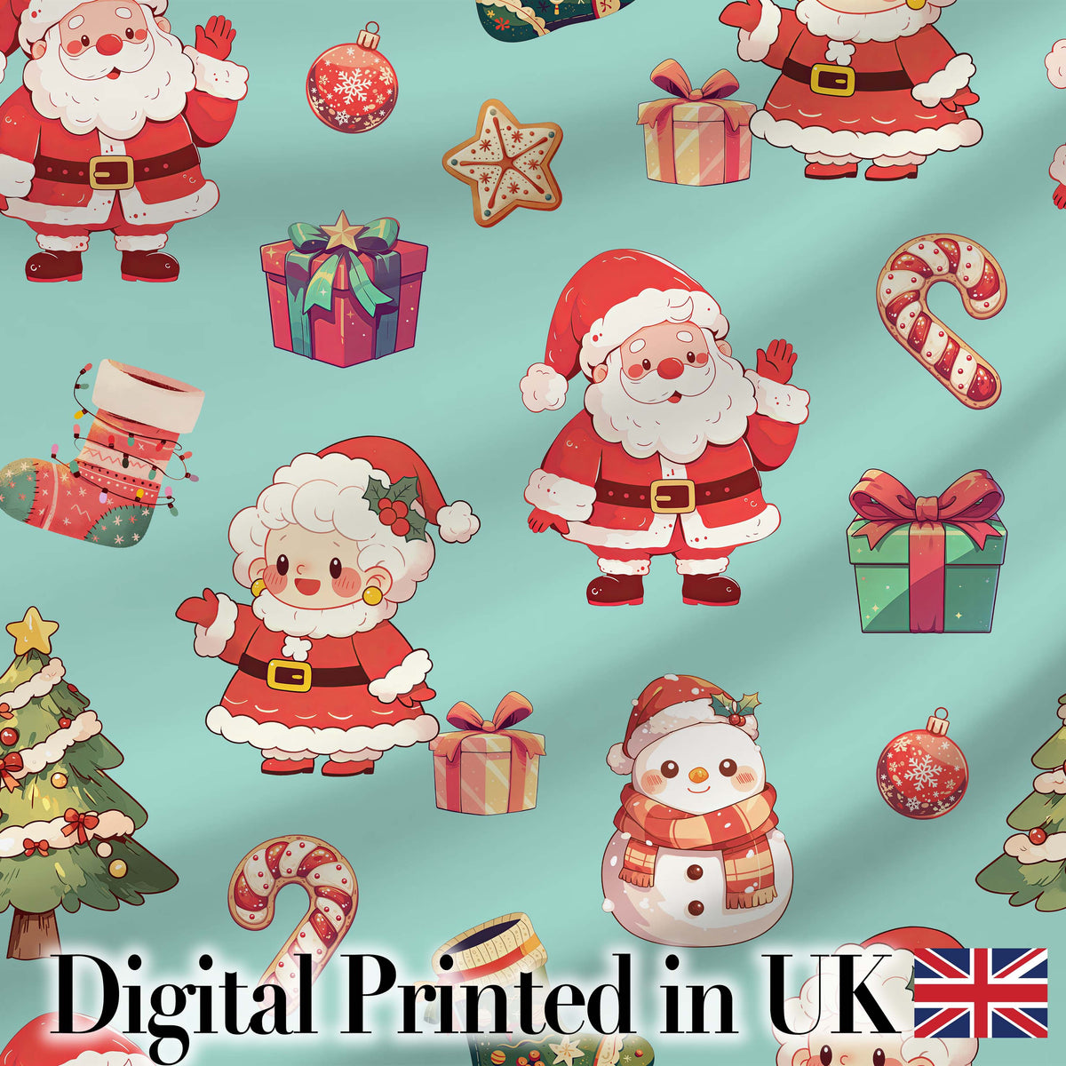 Cute Santa Claus Mrs Claus Snowman Christmas Gift  Pattern Teal Background Digital Print Fabric by the Metre UK Sewing Quilting Textile