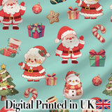 Cute Santa Claus Mrs Claus Snowman Christmas Gift  Pattern Teal Background Digital Print Fabric by the Metre UK Sewing Quilting Textile
