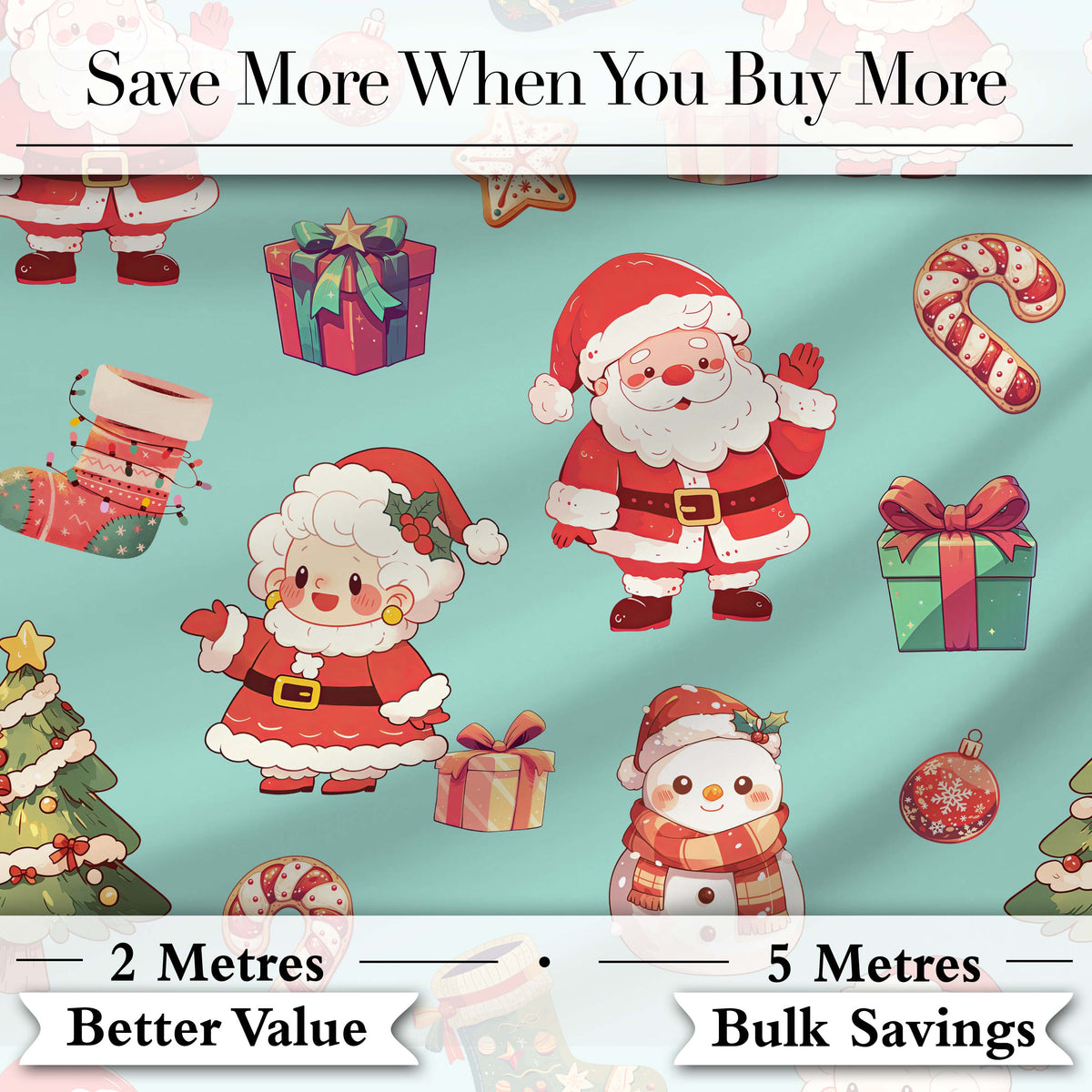 Cute Santa Claus Mrs Claus Snowman Christmas Gift  Pattern Teal Background Digital Print Fabric by the Metre UK Sewing Quilting Textile