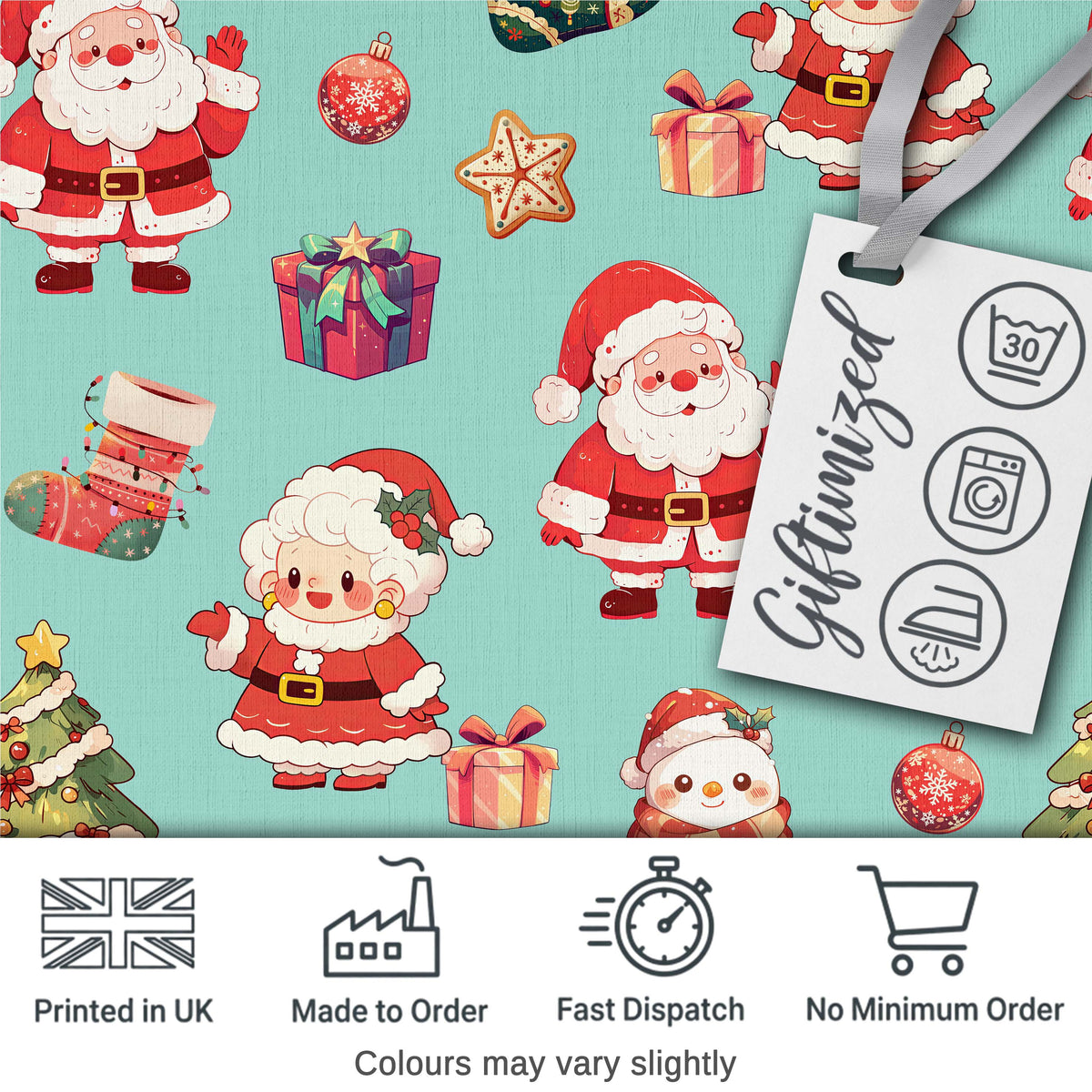Cute Santa Claus Mrs Claus Snowman Christmas Gift  Pattern Teal Background Digital Print Fabric by the Metre UK Sewing Quilting Textile