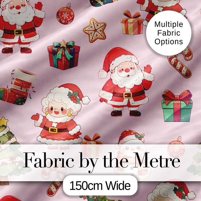 Cute Santa Claus Mrs Claus Snowman Christmas Gift  Pattern Pink Background Digital Print Fabric by the Metre UK Sewing Quilting Textile