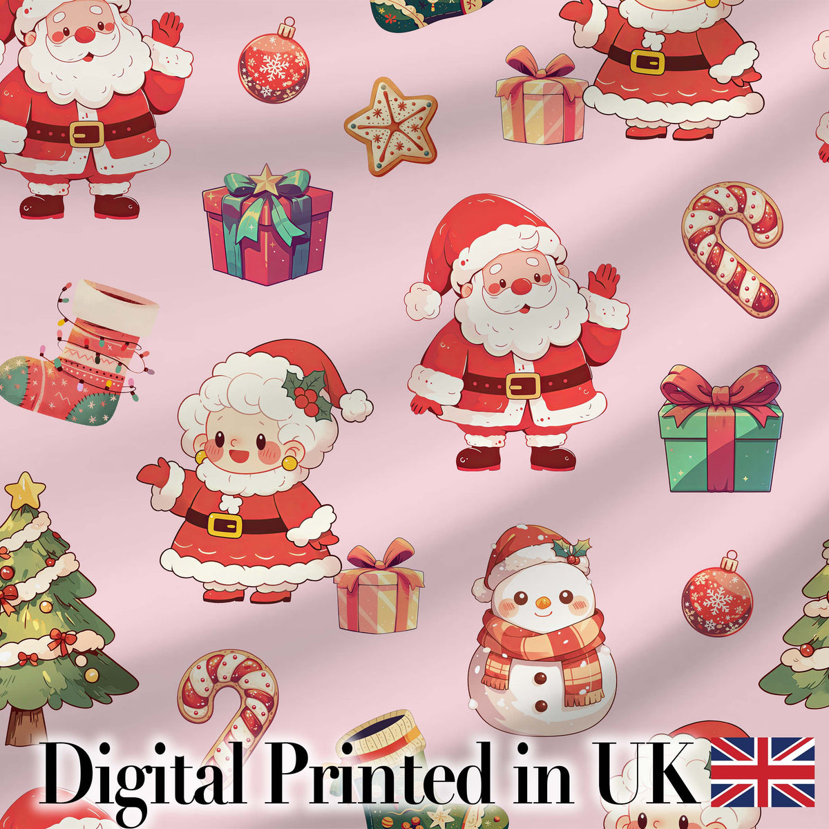 Cute Santa Claus Mrs Claus Snowman Christmas Gift  Pattern Pink Background Digital Print Fabric by the Metre UK Sewing Quilting Textile