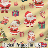 Cute Santa Claus Mrs Claus Snowman Christmas Gift Candy Cane  Yellow Background Digital Print Fabric by the Metre UK Sewing Quilting Textile