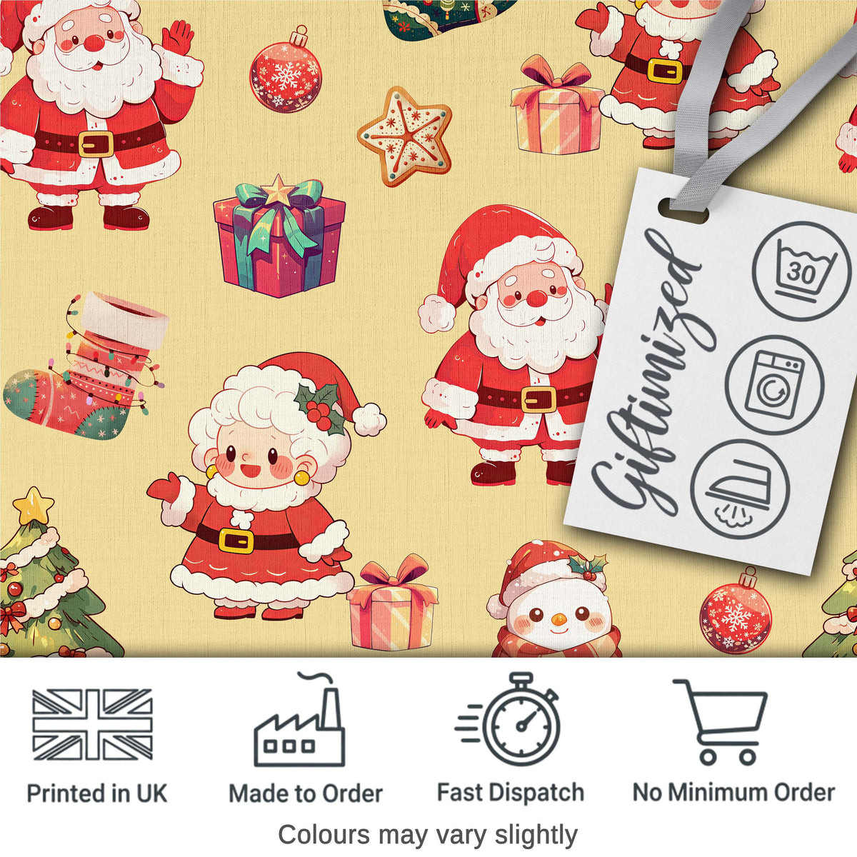 Cute Santa Claus Mrs Claus Snowman Christmas Gift Candy Cane  Yellow Background Digital Print Fabric by the Metre UK Sewing Quilting Textile