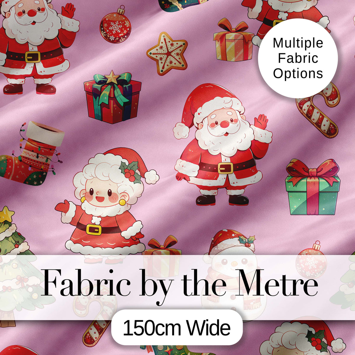 Cute Santa Claus Mrs Claus Snowman Christmas Gift Candy Cane   Pink Background Digital Print Fabric by the Metre UK Sewing Quilting Textile