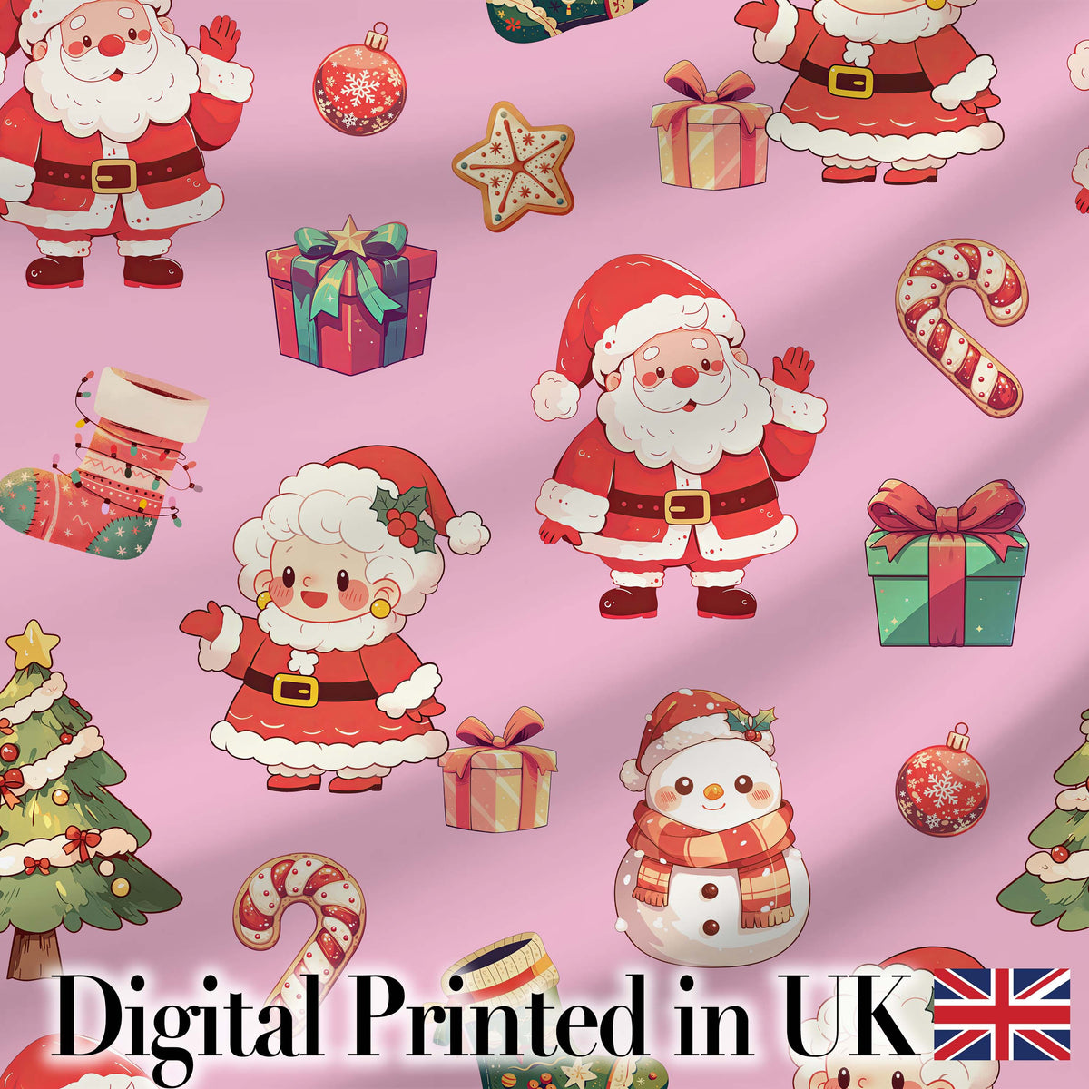 Cute Santa Claus Mrs Claus Snowman Christmas Gift Candy Cane   Pink Background Digital Print Fabric by the Metre UK Sewing Quilting Textile