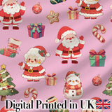 Cute Santa Claus Mrs Claus Snowman Christmas Gift Candy Cane   Pink Background Digital Print Fabric by the Metre UK Sewing Quilting Textile