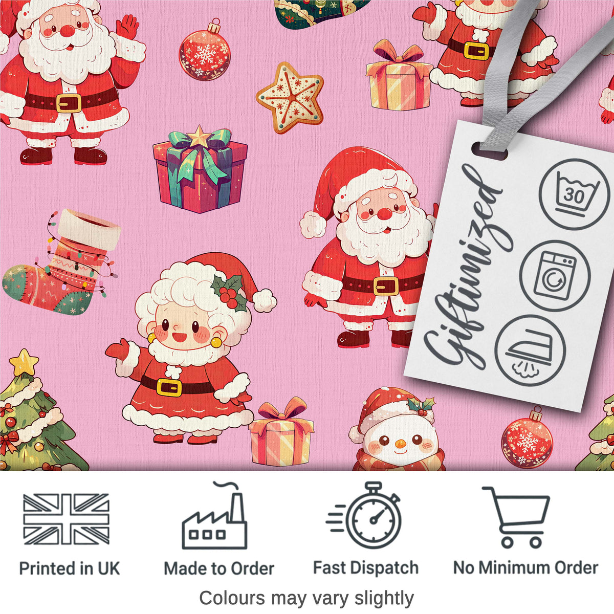 Cute Santa Claus Mrs Claus Snowman Christmas Gift Candy Cane   Pink Background Digital Print Fabric by the Metre UK Sewing Quilting Textile