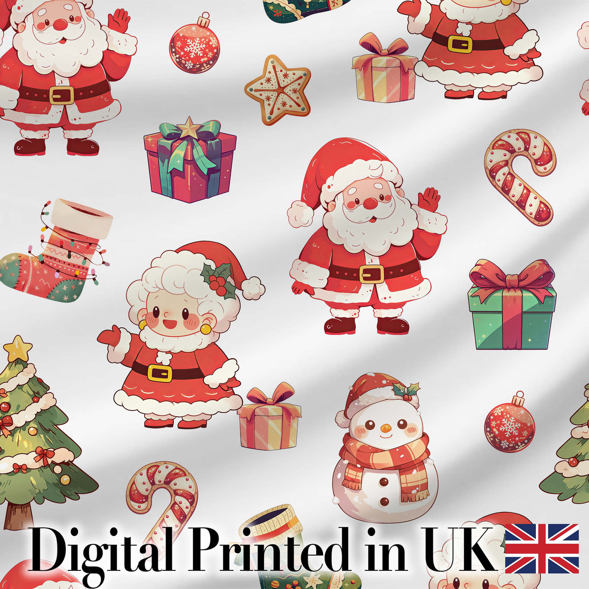 Cute Santa Claus Mrs Claus Snowman Christmas Gift Candy Cane   White Background Digital Print Fabric by the Metre UK Sewing Quilting Textile